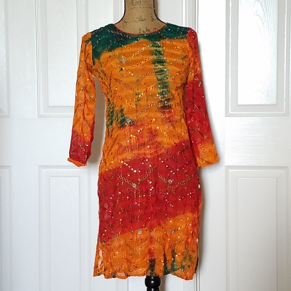 Indian summery tunic dress beautiful detail Medium orange red green - Picture 2 of 7